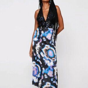 Nasty Gal Satin Tie Dye Lace Overlay Slip Maxi Dress Size 6